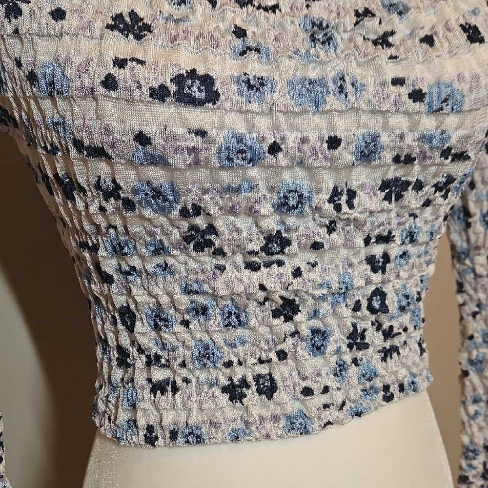 Zara Cottagecore Blue Floral Ruched Smocked Top - Long Sleeve - Picture 2 of 8